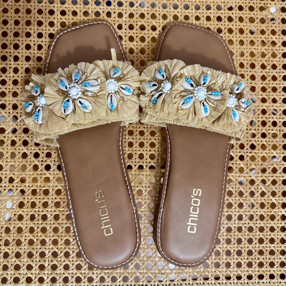 Chicos Raffia Seashell Beach Slide Sandals Size 8.5 - Picture 4 of 5